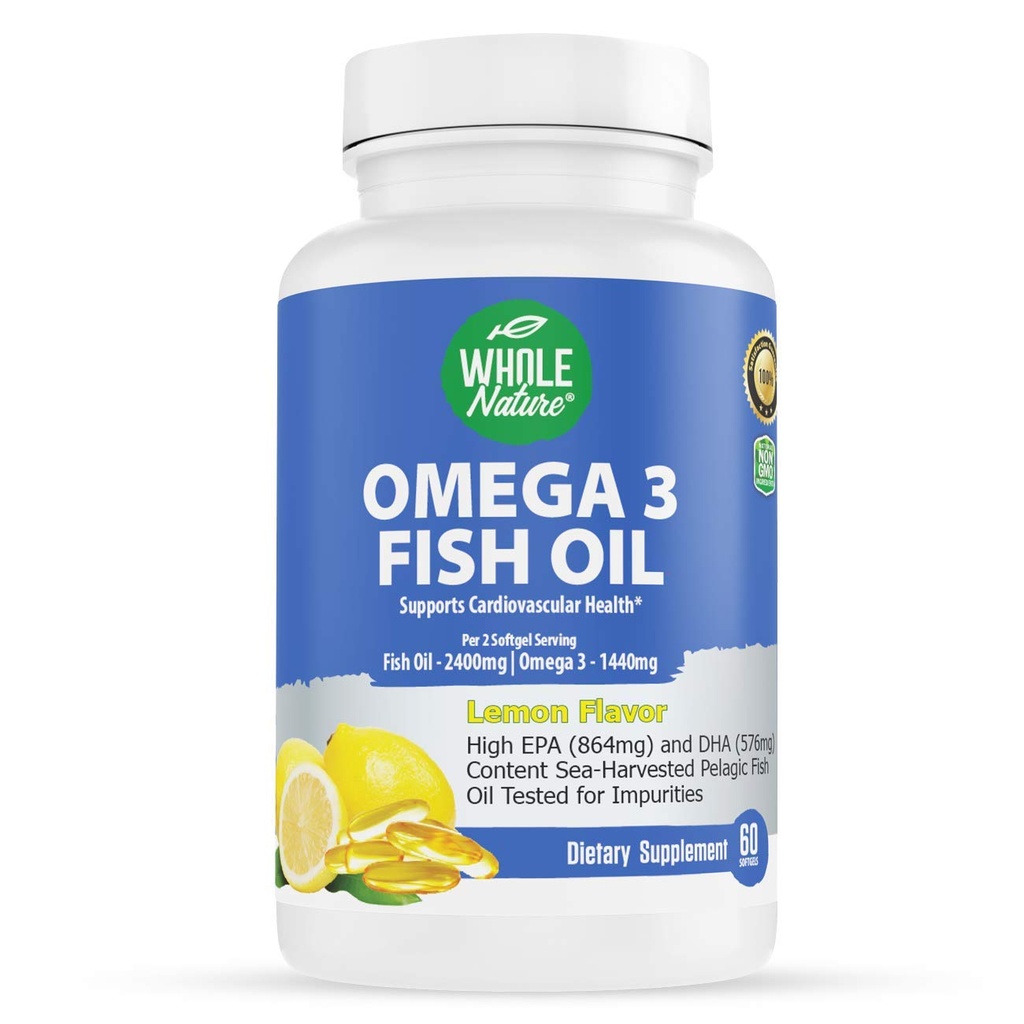 Omega 3 鱼油补充剂,最大强度2400 mg Omega-3,1440mg 鱼油,EPA DHA 脂肪酸,心脏健康,视觉,眼睛,大脑,对女性和男性的免疫支持,天然柠檬火焰,60 ct(1)