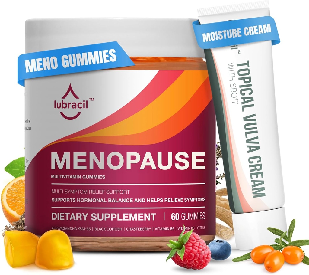 Lubracil Menopause Gummys & Topical Vulva Cream Bundle – 对热闪光,阴道干燥,痒痒,Mood Swings & Night Sweats 与黑科霍什, Ashwagandha, Omega-7 & Vitamin E 的无热无热支持