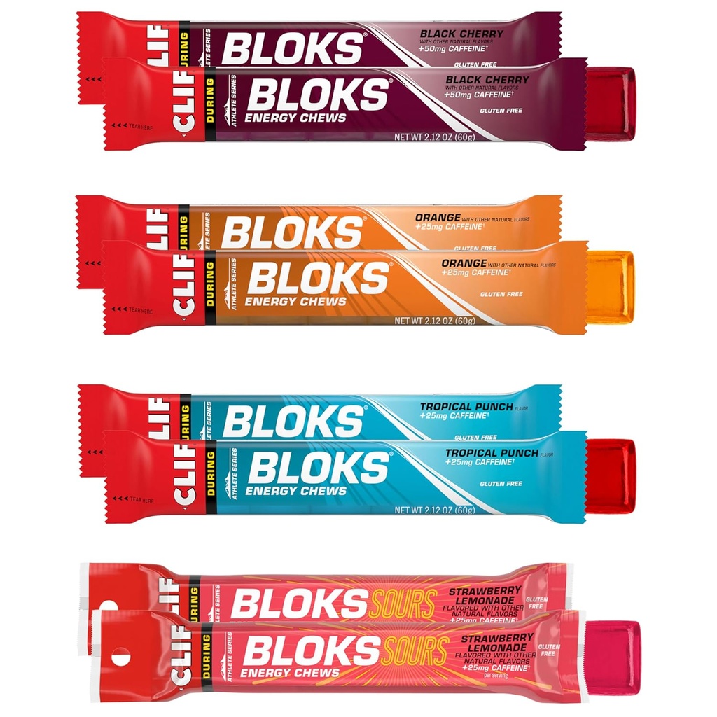 Clif Bloks - 配有咖啡因的能量厨师 - 品种包 - 非GMO - 工厂基 - 循环和运行的快速燃料 - 快速碳水化合物和电解质 - 2.12 oz. Packets (8 Counter)