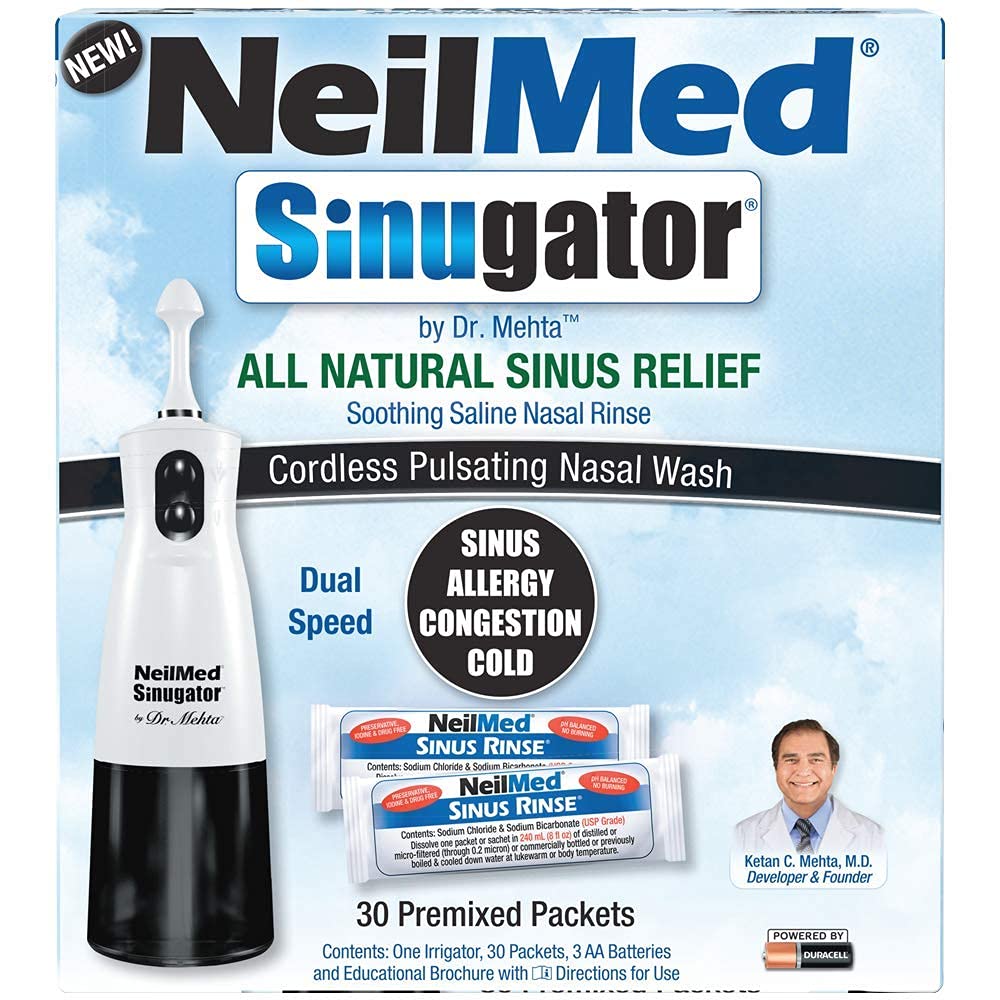 NeilMed Sinugator Cordless Pulsation Nasal 灌溉机(双倍速度) 30 Premixed Packets 和 3 AA 电池 - Black (Pack of 1)