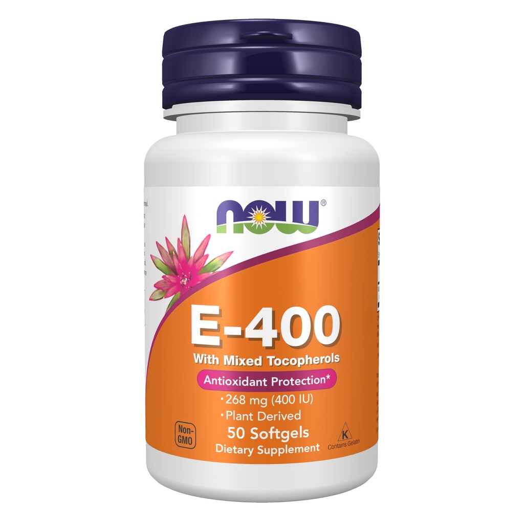 现在食品补充品,维生素E-400 IU 混合托可热醇,抗氧化剂保护*,50软胶