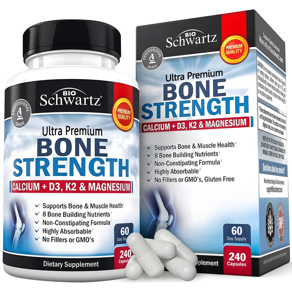 BioSchwartz Bone 强度补充 -- -- 具有9-in-1复合物的妇女和男子非辅助骨健康补充剂,含镁锌酸钙 D3 K2 & More -- -- 第三方测试 -- -- 2个月