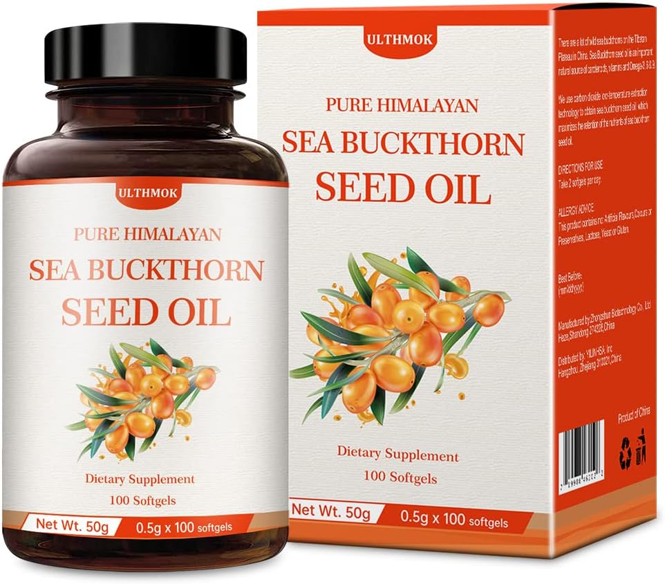 ULTHMOK Premium Sea Buckthorn种子油 100%种子油 100软胶 & 100×500mg, Non-GMO, Gluten Free.