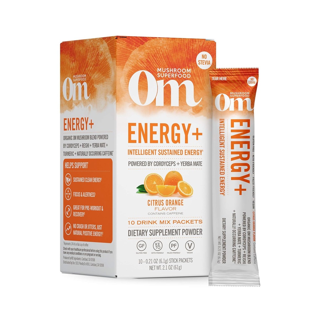 OM MUSHROOM SUPERFOOOD 能量+蘑菇 粉末 饮料 混合剂 Citrus Orange 单服务 10 Counter 蘑菇 混合剂 Cordyceps  Yerba Mate Tummer 维生素 B 复合剂 工作前 Imune 补充剂
