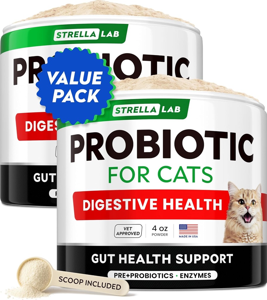 StrellaLab Cat Probiotic Powder - 患有腹泻的猫的Probiotics - 容易混合粉 - 室内猫的猫Probiotics,健康用品食品补充,消化支持(8 oz/Pack of 2)