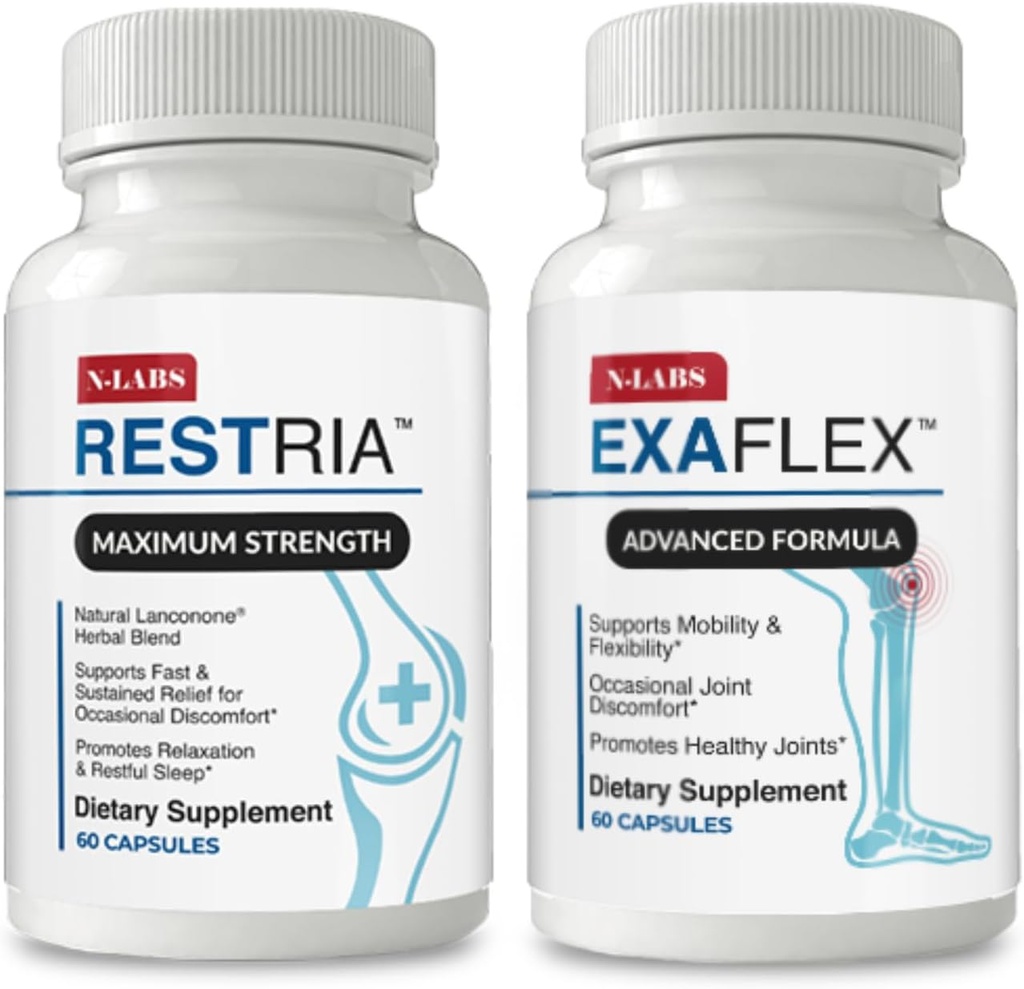 N-Labs 联合支持和睡眠援助 Combo – ExaFlex 与 Boswellia 节选和Bromelain 联合支持 + Restria 与 Lanconone Herbal Blend 和 睡眠法用于夜间放松