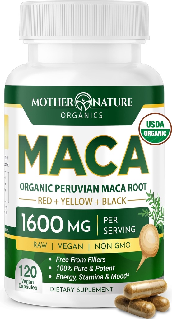 母性有机马卡根卡普勒斯 — 1600mg, 120 Vegan 卡普勒斯 — 非 GMO 秘鲁黄色, 红色和黑色马卡用于男女 - 能源, 荷尔蒙, 大脑和体重健康
