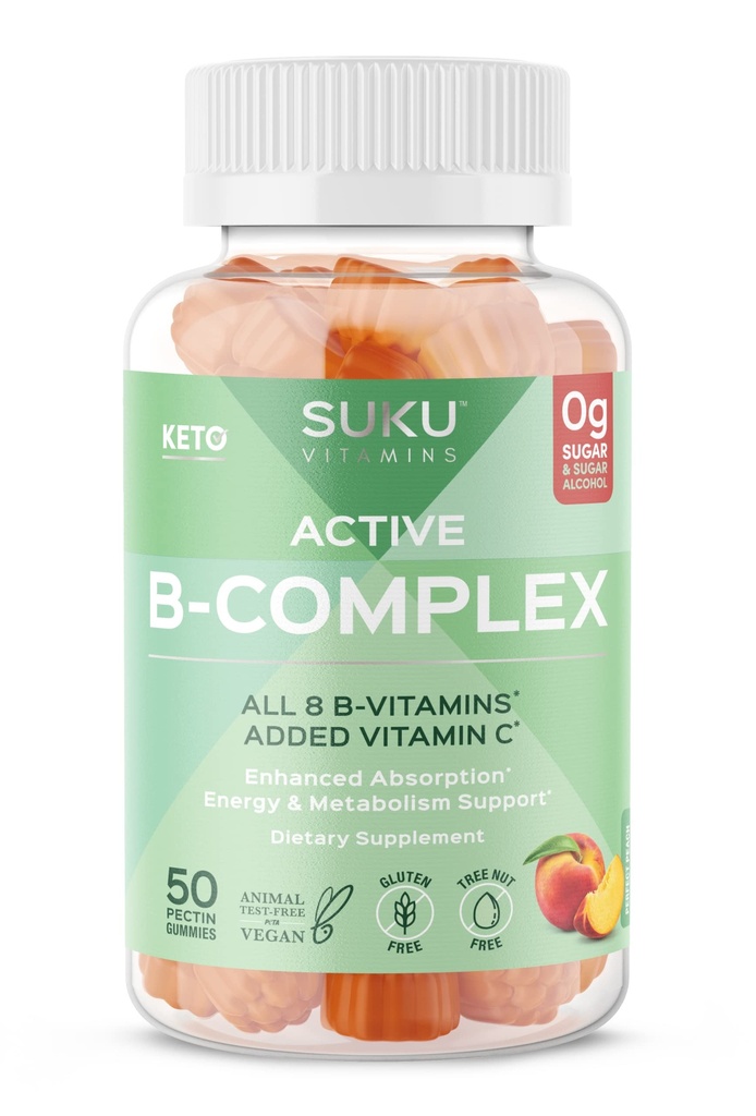 SUKU 维生素B 配有维生素C的复合体 – 糖无维生素Vegan 8 B 维生素复合体 配料Gummy 配料 增加细胞发展,改善代谢和Collagen 构型,桃花香(50 Gummys)