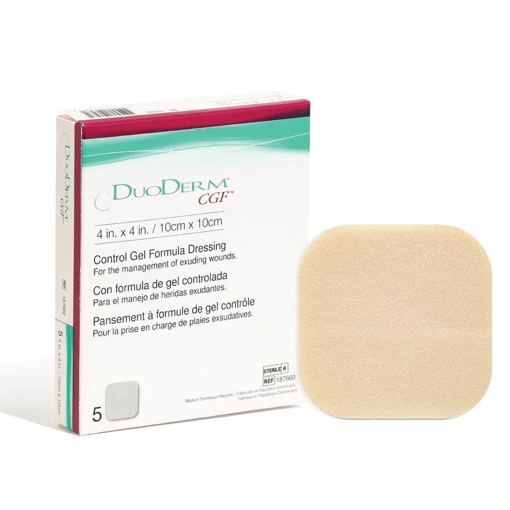 Conlatec DuoDERM Control Gel Formula 4"x4" Hydrocolloid Sterile Adhesive 穿戴,用于部分和全薄的伤口,医学等级,无乳胶,防水,广场,Beige,5ct盒