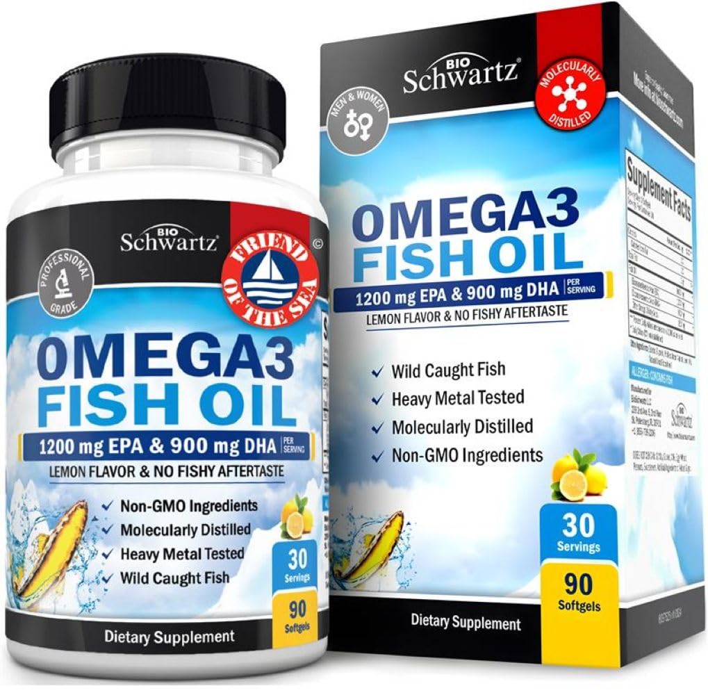 三强Omega 3 鱼油 3000mg - 高概率Omega 3 男女补充品,Burpless Lemon Flavor 鱼油 - 2250mg 基本脂肪酸与DHA & EPA, Wild Caught, 90 Softgels