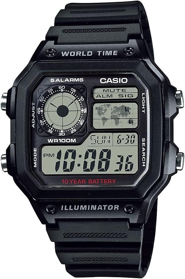 Casio AE1200WH系列 男子数字卫视 | 100M WR | 100 arms 100 SEC Stopwatch | 100 | |倒计时器 | 世界时空地图 LED Light | LC Analog 显示 | 10年电池