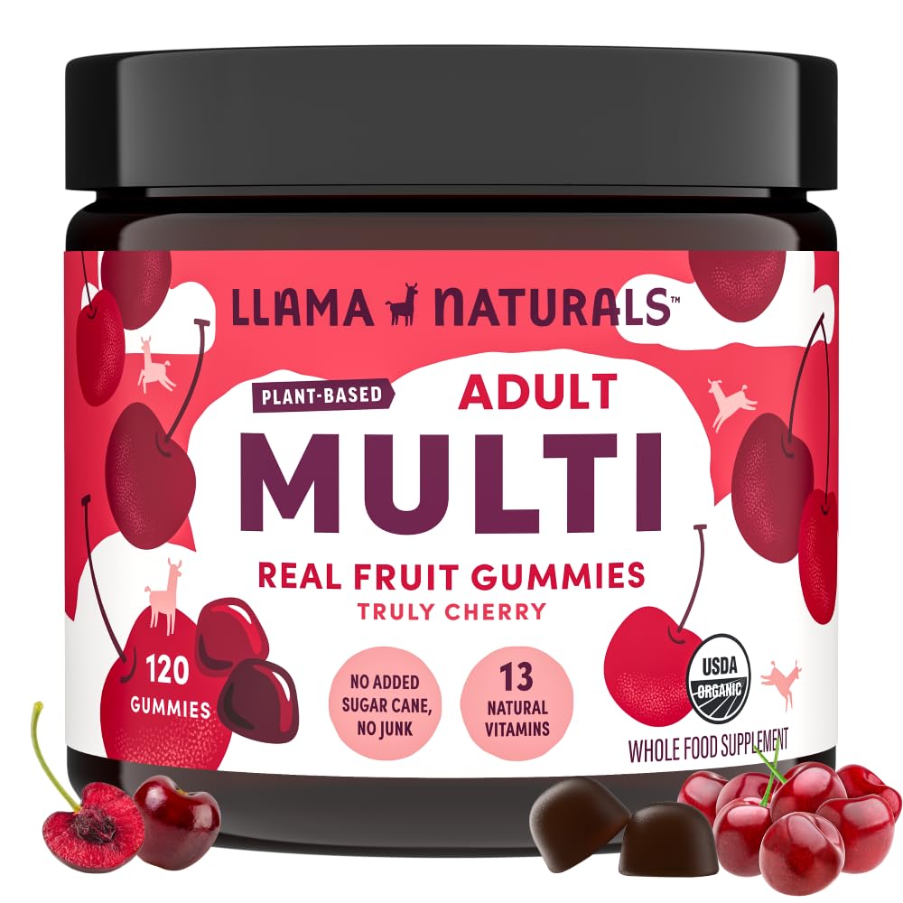 Llama Naturals Multivitamin for Women and Men, Vegan, 有机胶囊中含有维生素D, C和K, 成人真水果Gummy Vitamins, Chery, 120 Ct