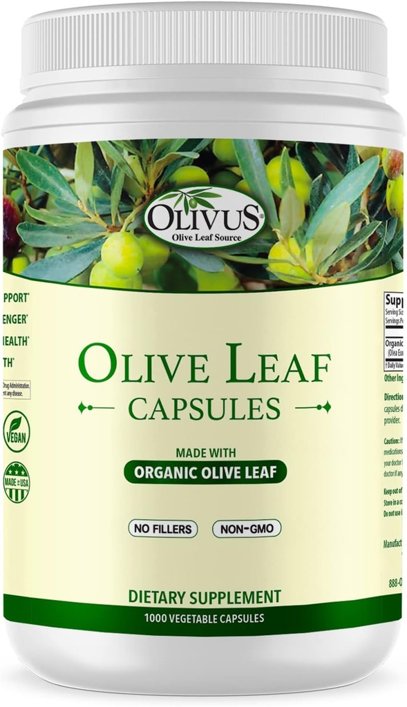 橄榄叶胶囊(Bulk 1000 Ct - 550 mg) 蔬菜胶囊(Vegetable Capsules) - 纯有机橄榄叶粉无填充剂-免疫支持抗氧化剂补充剂
