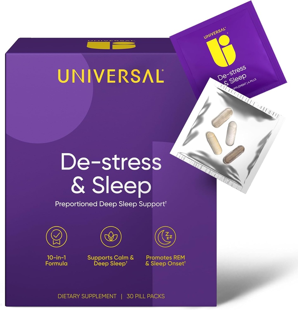 De-Stress & Sleep Supplement - 10in-1 成人自然睡眠援助,每日多维塔明与镁,梅拉托宁,Ashwagandha,L Theanine,Valerian Root,男女睡眠药,30 Pack