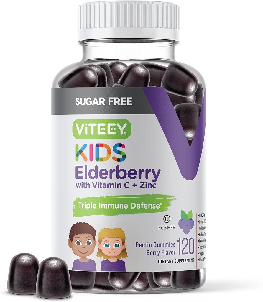 Viteey Sambucus Melderberry Gummys for Kids - 免糖 - 含维生素C & Zinc的免疫支持补充剂, [3-1 Imune Boster] Vegan, Gelatin Free, Gluten Free - Tasty Chewable Berry Flavored (英语).