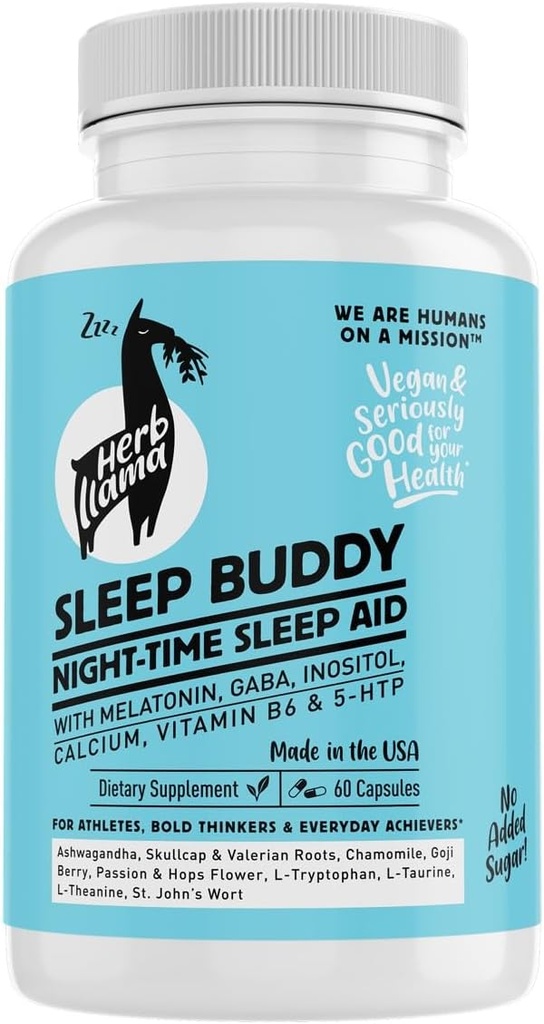 睡眠巴迪夜间睡眠援助 — Vegan Capsules with Melatonin, GABA, L-Tryptophan, Ashwagandha & Lemon Balm — 非哈比特人形态,植物类睡眠支持 — 60 计(30名服务员)