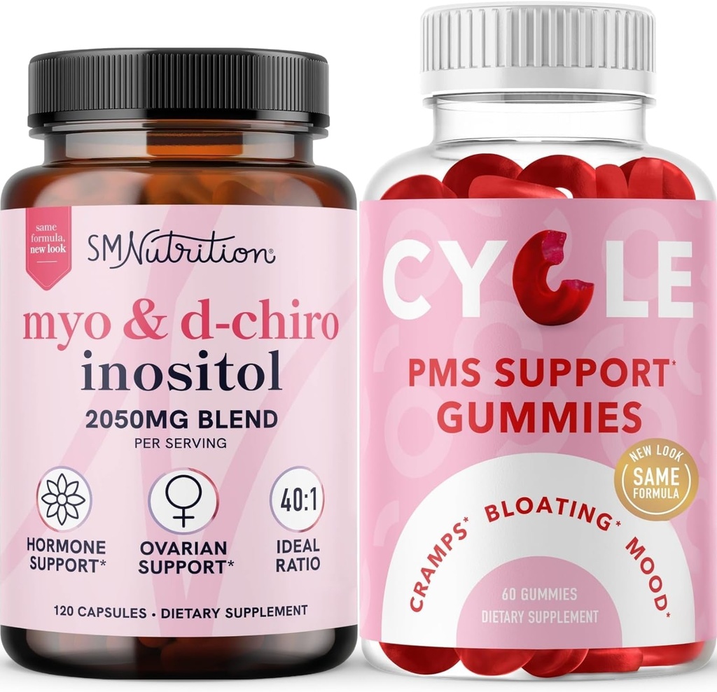 SMNutrition PMS 支持Gummys & Myo-Inositol & D-Chiro Inositol → Hormone Balance Bundle 配有 40:1 比例 Inositol 补充(30人)和草药循环 支持妇女Gummys(30人)
