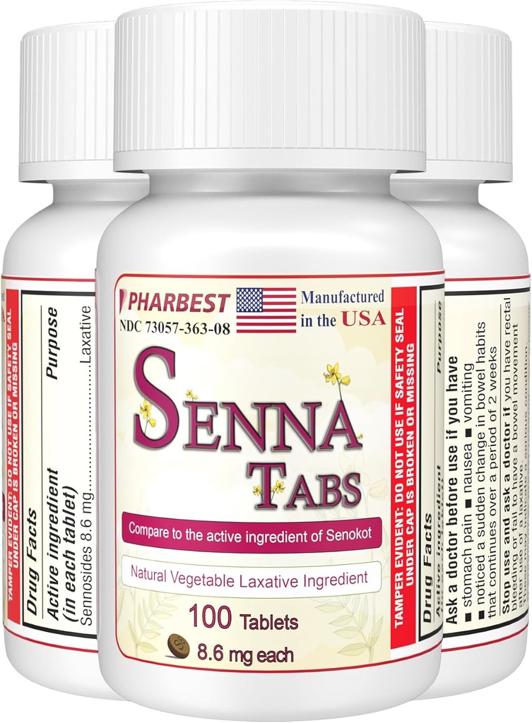 Senna Tablets 100 Ct. 天然蔬菜 Laxative [美国马德] 用于便秘的Laxatives for Colon Cleanser, Detox Cleanse, 成人儿童便秘救济8.6mg, 工具软化剂加法(1瓶)