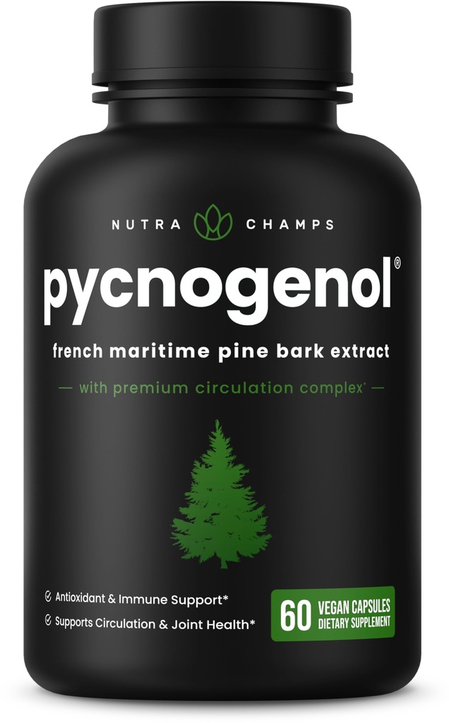 NutraChamps Pycnogenol 法国海洋松木条提取物、Premium环流复合物、血液流动、硝氧化物生产、高级吸收、黑椒提取物结果、60卡普勒斯