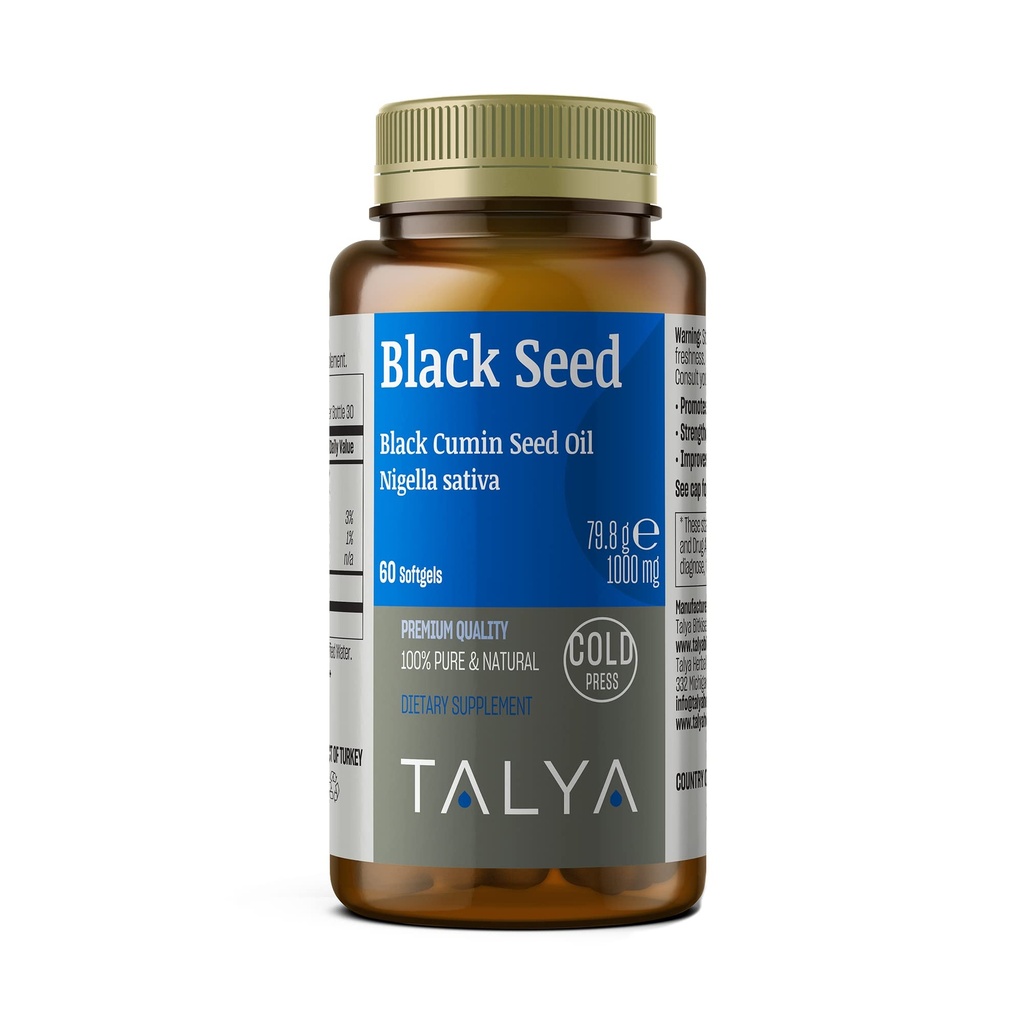 TALYA 黑种子油软胶带高硫基酮 - 免疫支持 - 消化性健康 - 脑功能 - 联合流动 - 冷皮来自非GMO 土耳其黑人 Cumin Nigella Sativa种子