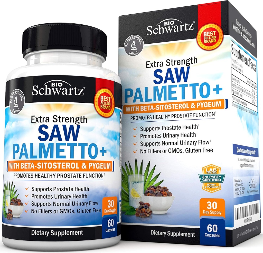 Saw Palmetto for Men with Pygeum Bark Extract and Beta-Sitostorol - 支持前列腺健康和健康前列腺功能 - 促进尿液健康和正常尿液流动 - 非转基因生物 Gluten Free 60 Ct