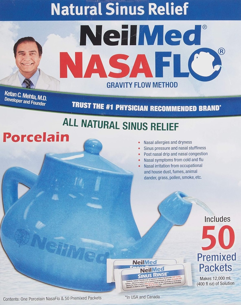 NeilMed Nasaflo 陶瓷 Neti Pot, 50 计数(包装可能有所不同)