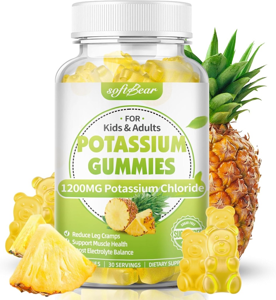 软熊 氯化钾 1200mg, 成人无糖钾 固醇 支持腿皮 高钾 氯化钾 补充剂 Pineapple Flavor 60 Count