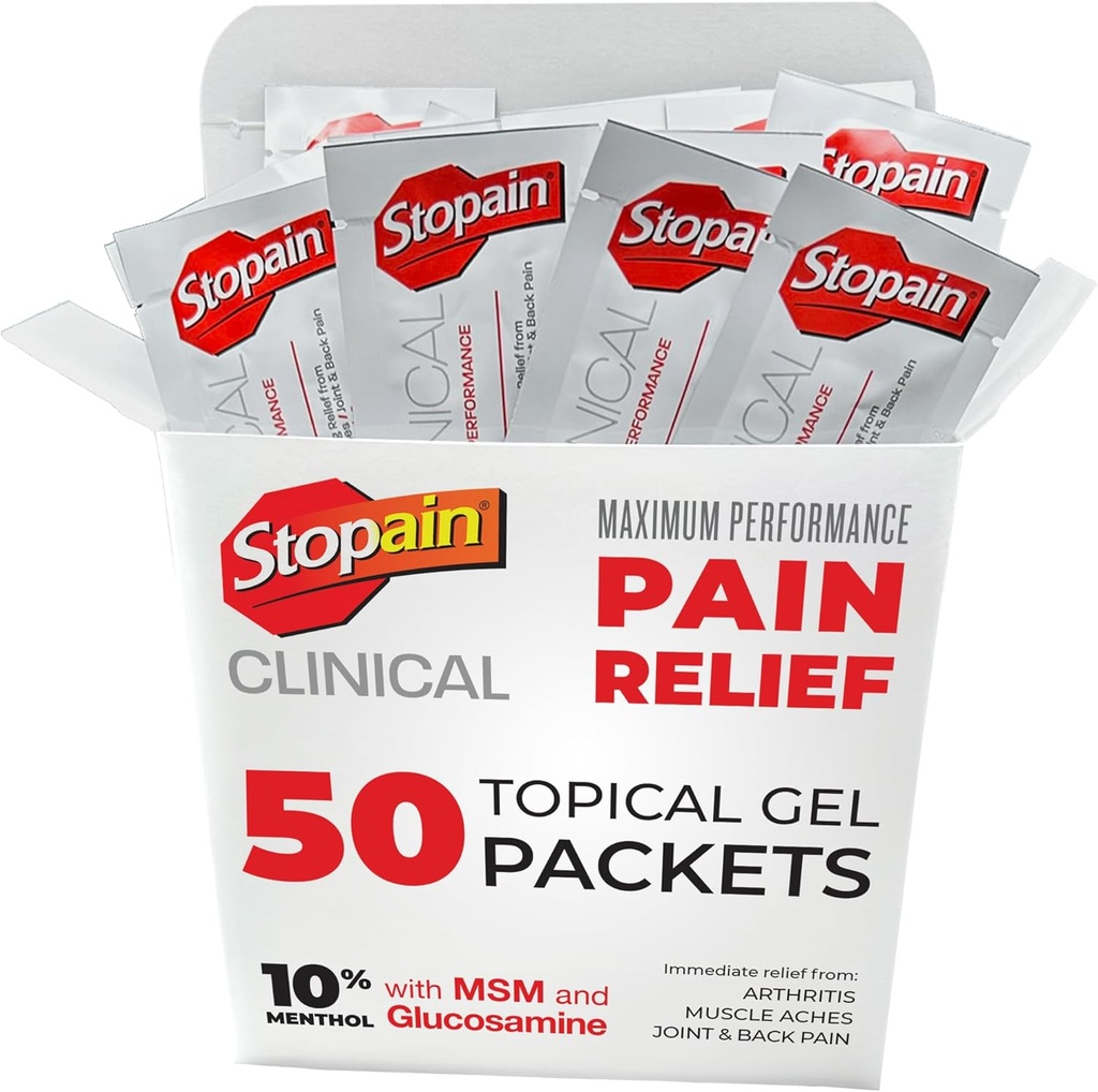 Stopain Pain Relief Clinical Gel Packets, USA Made, Max 强力快动作与MSM, Glucosamine, 门托治疗关节炎, 下背神经炎, Knee, Neck HSA FSA 主题止痛药产品, 50 Pack