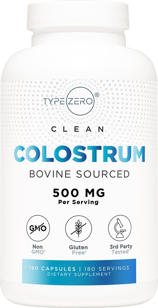 型号为零Colostrum 补充(500mg) 180 Capsules - Bovine sourced, 非GMO, Gluten- Free