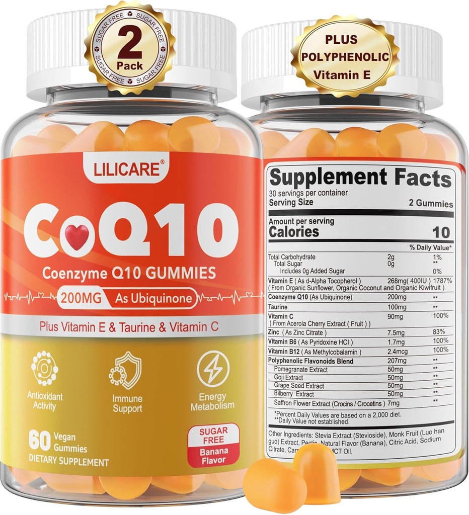 无糖CoQ10 200mg Gummys - Coenzyme Q10 w/Taurine,维生素E, C, B6, B12, Zinc - 高吸收CoQ10 抗氧化剂,细胞能和听力健康补充,Vegan 120 C