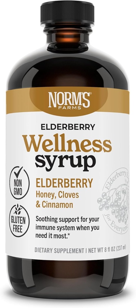 Norm's Farms Wellness Black Elderberry Syrup with Honey, Cinnamon & Cloves - 在美国制造,天然免疫支持,无酒精或填充剂,无葡萄糖,非GMO,Vegan,纯老莓汁 Syrup - 8 Oz