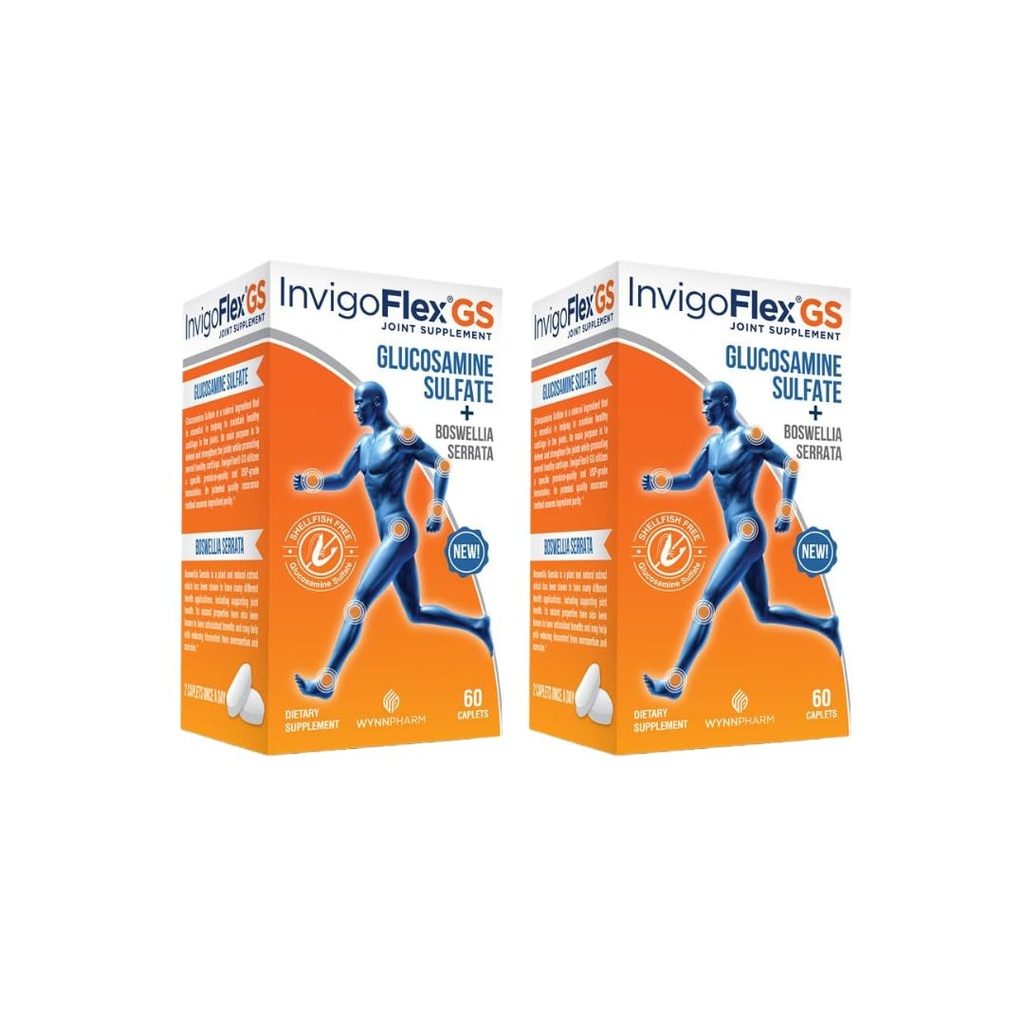 INVIGOFLEX Glucosamine Sulfate(无壳鱼、无钠和蔬菜安全) 非转基因生物、无胶质-与Boswellia Serrata - Premium 联合补充 GS - 2 Pack