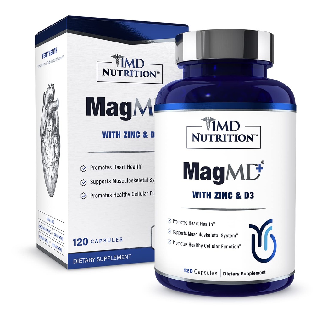1MD 营养 MagMD Plus - 用锌和D3 镁促进心脏健康,支持骨骼和肌肉强力,以及艾滋病免疫系统 - 120Ct