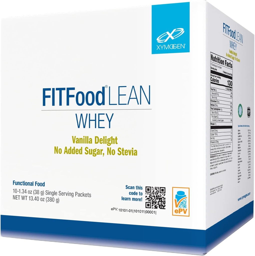 XYMOGEN FIT 食物 Lean Whey 无添加糖, No Stevia - 有天然免疫球蛋白粉的生物活性Whey蛋白粉 - 支持健康的身体组成,免疫健康,工作 - 香草(10包)