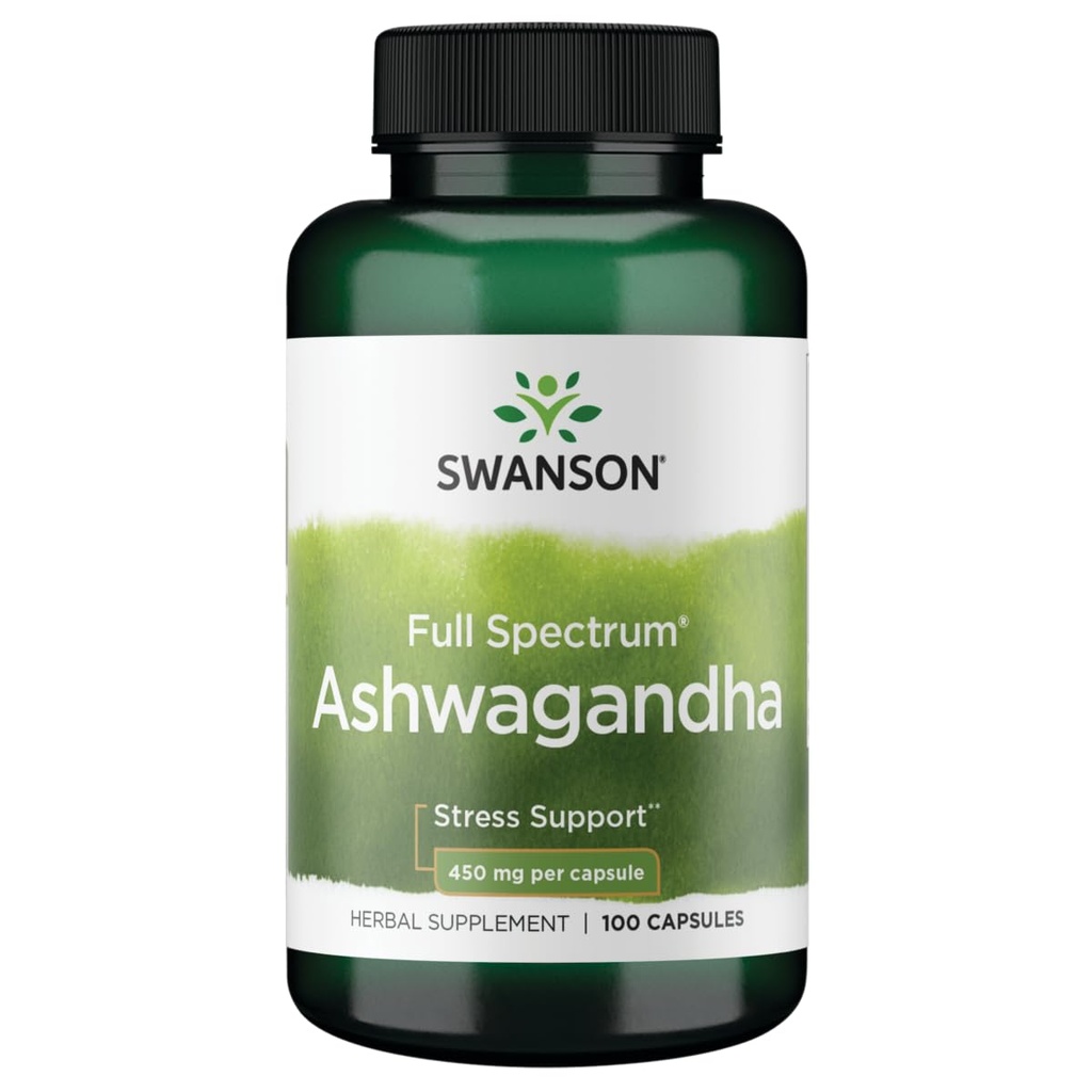 Swanson Ashwagandha 粉末补充剂 - Ashwagandha 根部和航空部件 - 促进压力救济和能源 - Ayurvedic 自然健康补充剂(100卡普尔,每部450毫克)