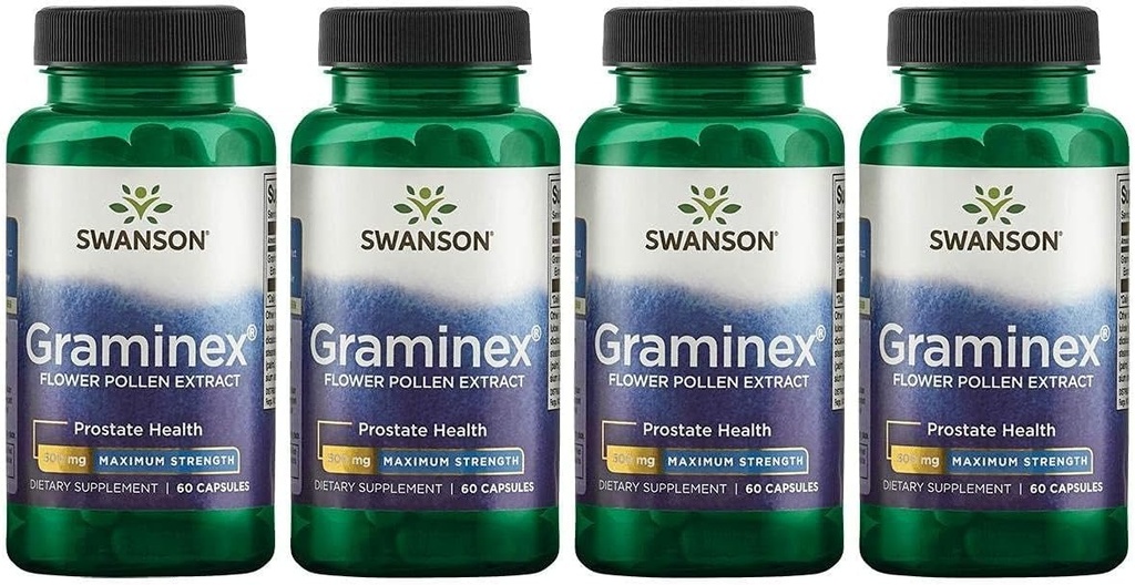 Swanson 最大强度 Graminex Flower Pollen 提取 - 支持前列腺健康,尿道切克功能,和肾脏健康 - 男士健康补充剂 - (60 Capsules,每包500毫克) (4包)