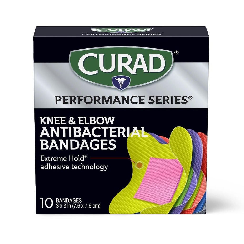 CURAD 性能系列 IRONMAN 抗菌带, 极端持有粘附技术, Knee & Elbow 3英寸 x 3英寸, 10 个伯爵, 切片理想, 碎屑, 运动, 以及积极生活方式
