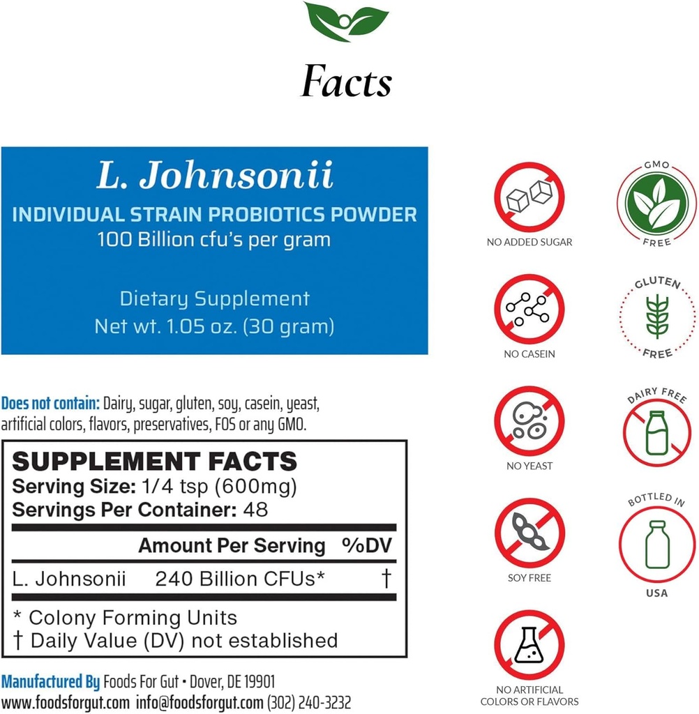 (原始内容存档于2018-09-21) (英语). Foods for Gut Lactobicllus Johnsonii Probiotive Powder 100 million cfu's QQ No Additives 由制造商直接提供 QQ没有第三方存储 QQ Immune 支持 L. Johnsonii + 30 grams (1.05 Oz).