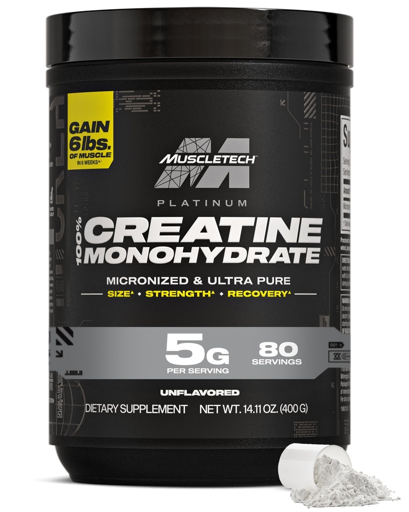 MuscleTech Creatine 单水合物粉末,白金纯素 - 供男女使用的无味微粉素 - 性能的劳动补充,Muscle Recovery & Builder - (80 series) 包装 May Vary