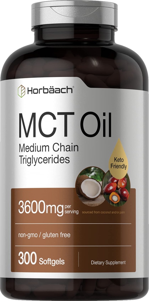 Horbäach MCT Oil Pills → 3600mg → 300 Softgel Capsules → Keto Supplement from Coconut → 与 Caprylic & Capric Acid → Non-GMO 和 Gluten Free 一起从椰子加起来的软胶 Capsules → Keto 补充