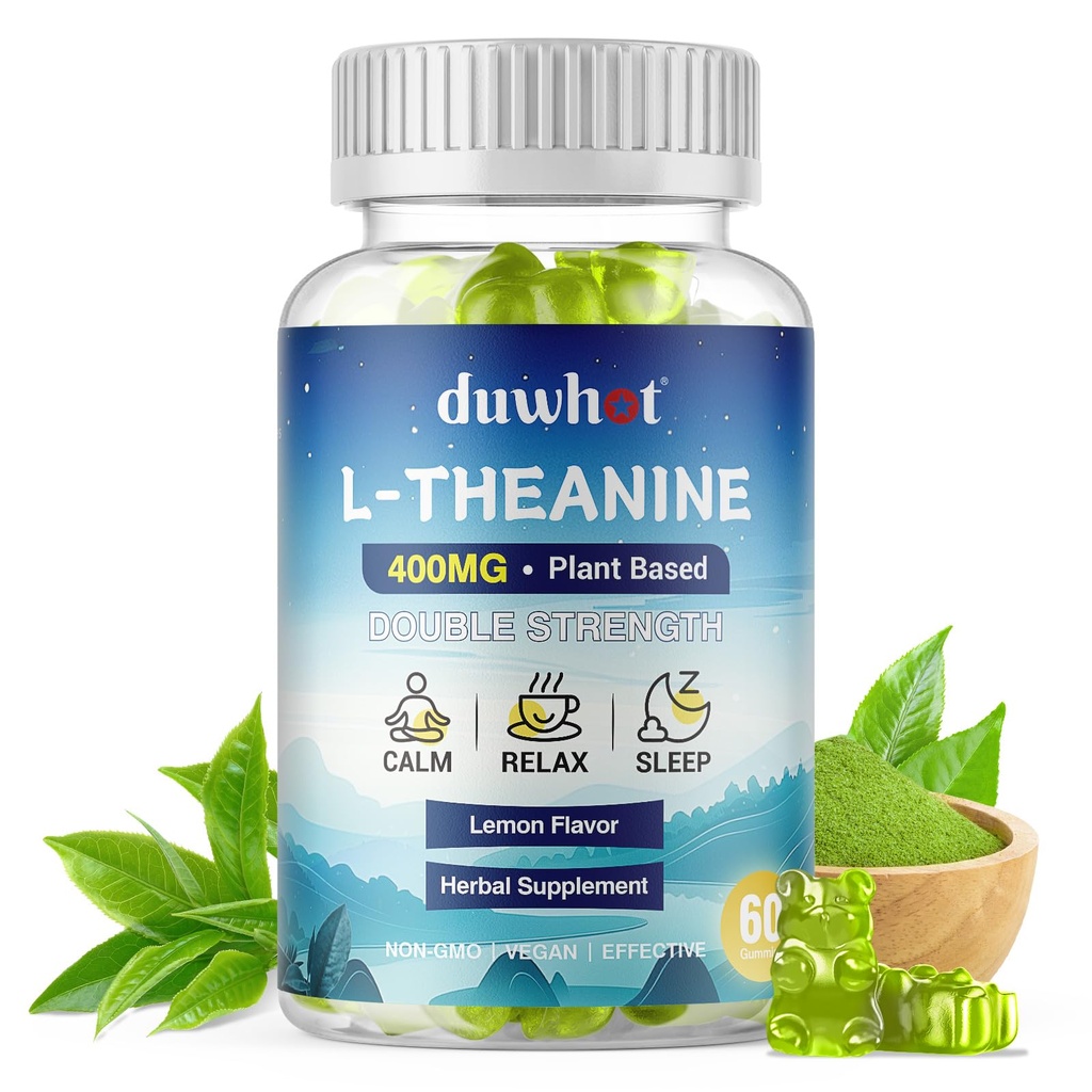 L-Theanine Gummys 400mg, " 成人和孩子的可嚼性戏剧补编 " 4+, " 自然压力救济 " , " zZ " 和 " 焦点补编 " , " Vegan " , " 低糖 " , " 不醉 " , " Lemon Flavor " , " 60 Chewables "