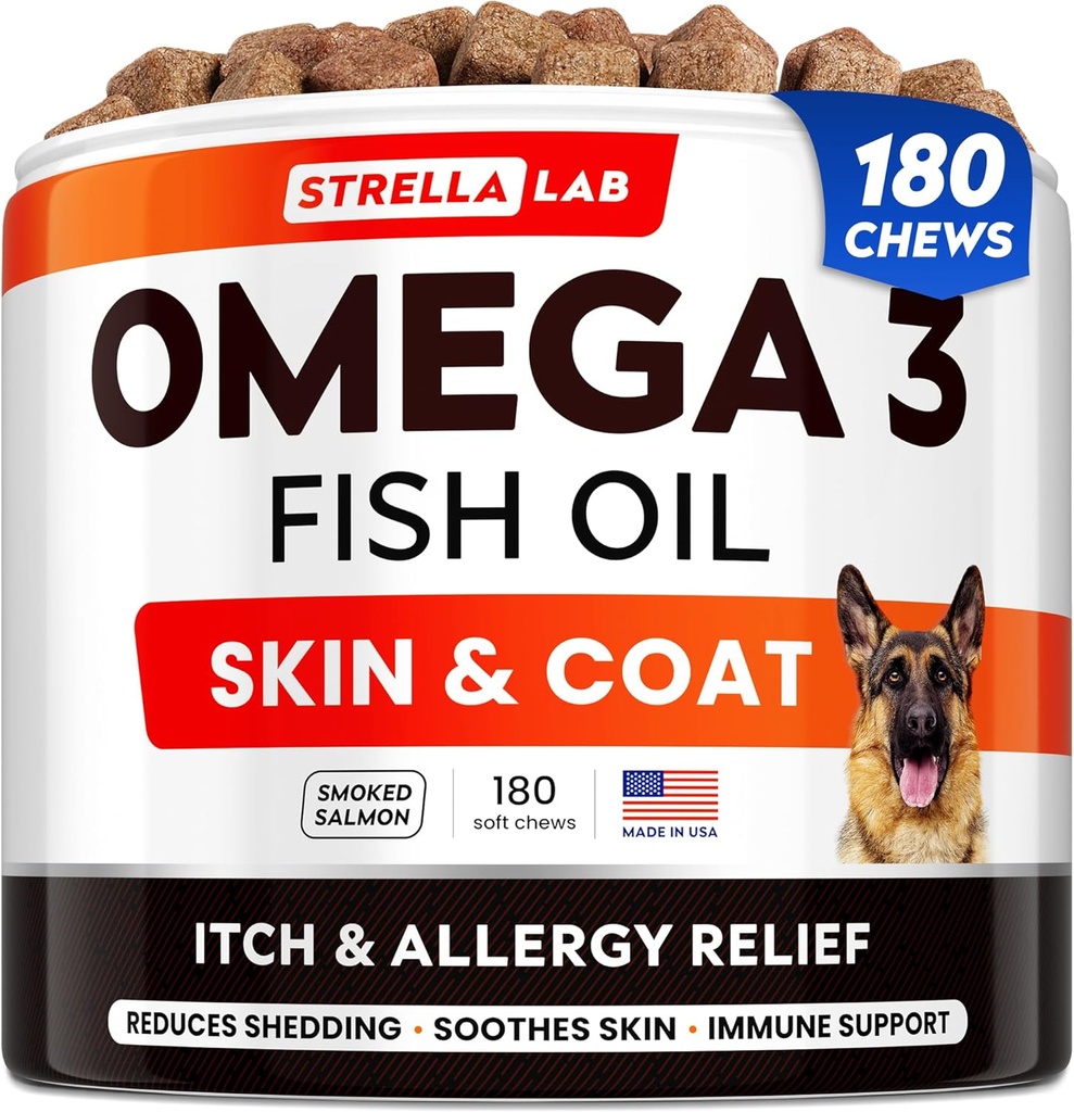 StrellaLab Omega 3 for Dogs - (180Ct) 鱼油处理 - 过敏和伊奇救济皮肤和煤油补充剂 - 干痒皮肤,抗谢丁和热点处理 - 宠物沙门油嚼 - 烟熏沙门火焰