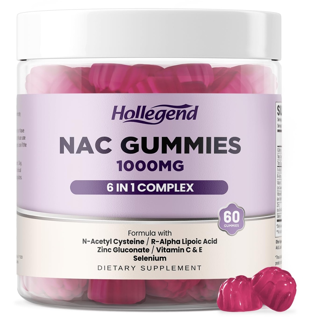 6 in 1 NAC Gummys, Chewable N Acetyl Cysteine 1000mg 儿童与成人补充,配有ALA,锌,维生素C & E,硒,支持抗氧化剂与免疫系统,蓝莓火焰,无糖,60Ct