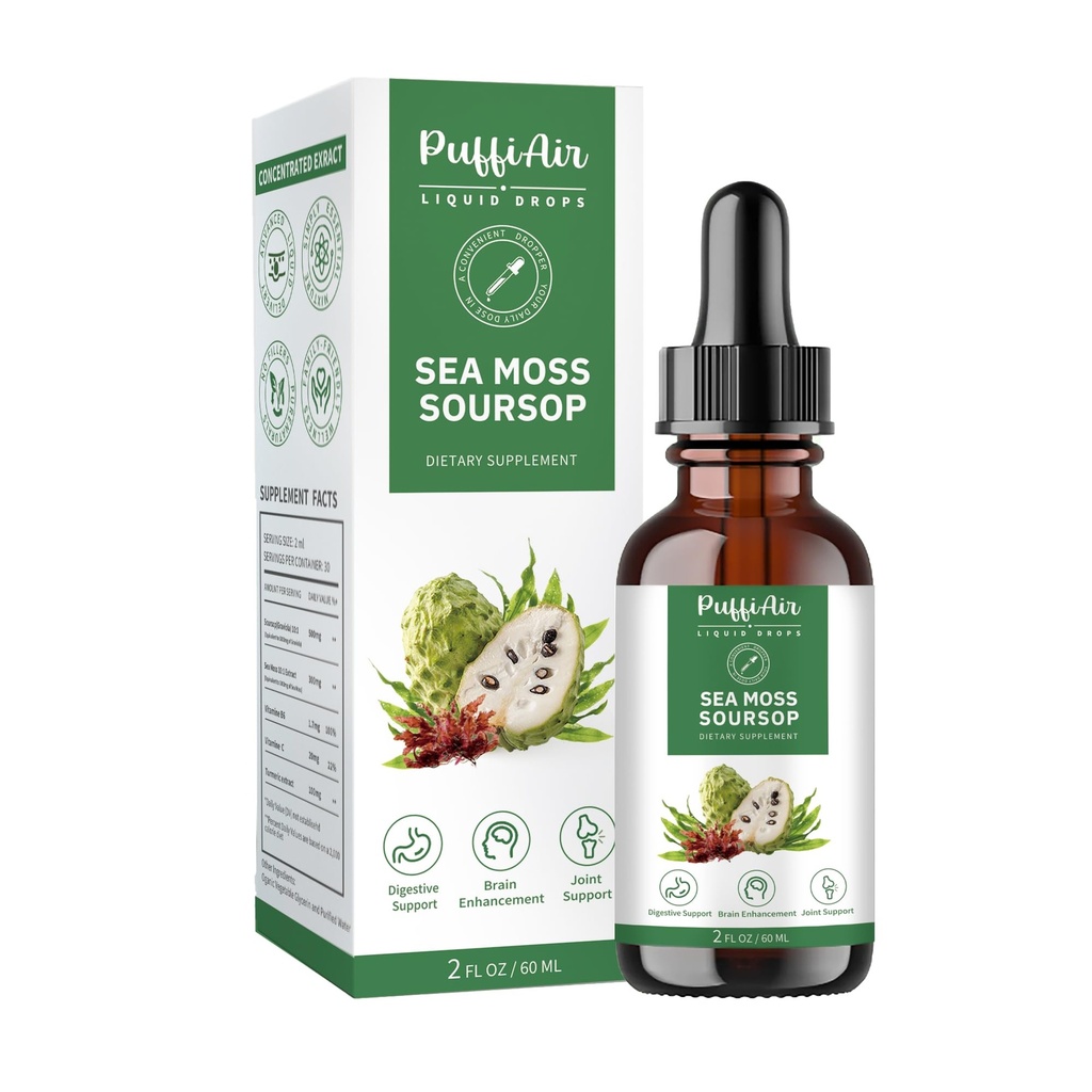 PUFFIAIR Soursop(Graviola) & Sea Mos Liquid Drop for cell Support & Regeneration, Imune Boost, Relax, Liver and Sleep, 草药提取,糖/糖自由,天然火焰, 2 Fl Oz/60ml