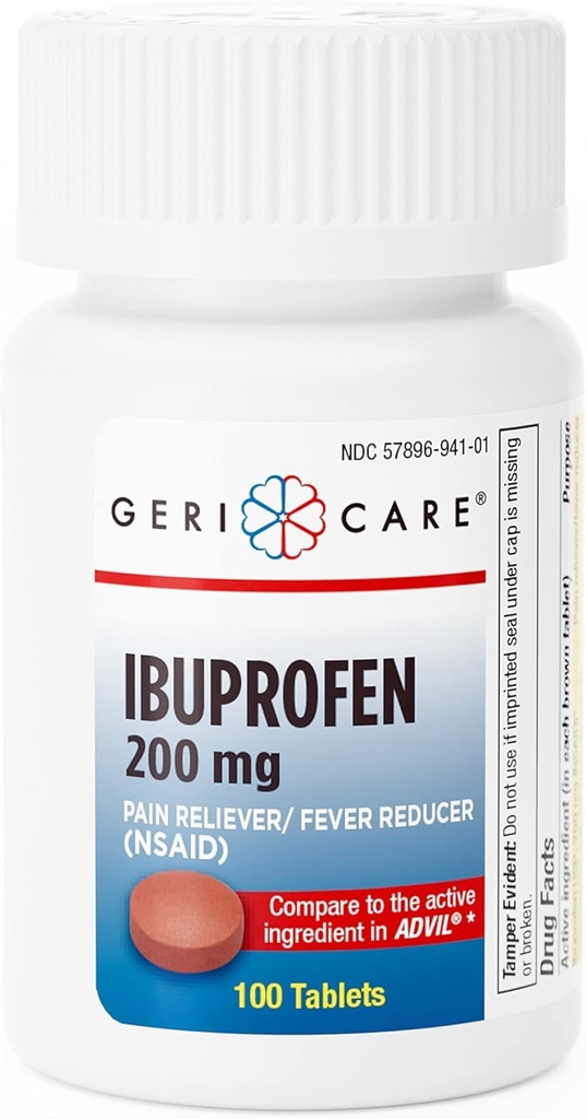 GeriCare Ibuprofen 200mg 疼痛救世主和减烧剂 — — 头痛、寒冷、牙痛和联合疼痛100计数(一包)的碑文