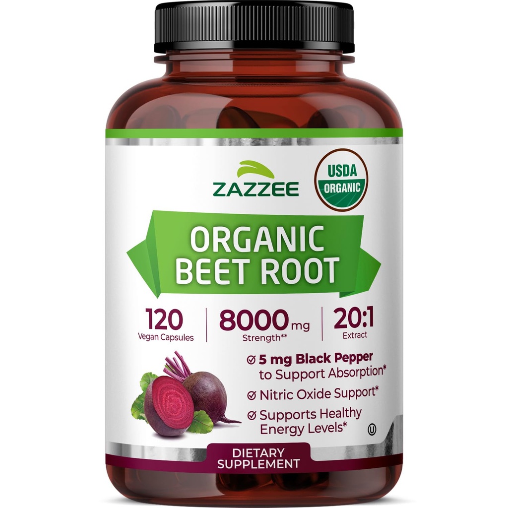Zazzzee USDA 有机甜菜根 8000 mg 强度 20:1 提取,120 Vegan 快速释放 Capsules, 强化吸收的黑胡椒提取,支持硝基氧化物生产,非GMO,美国制造