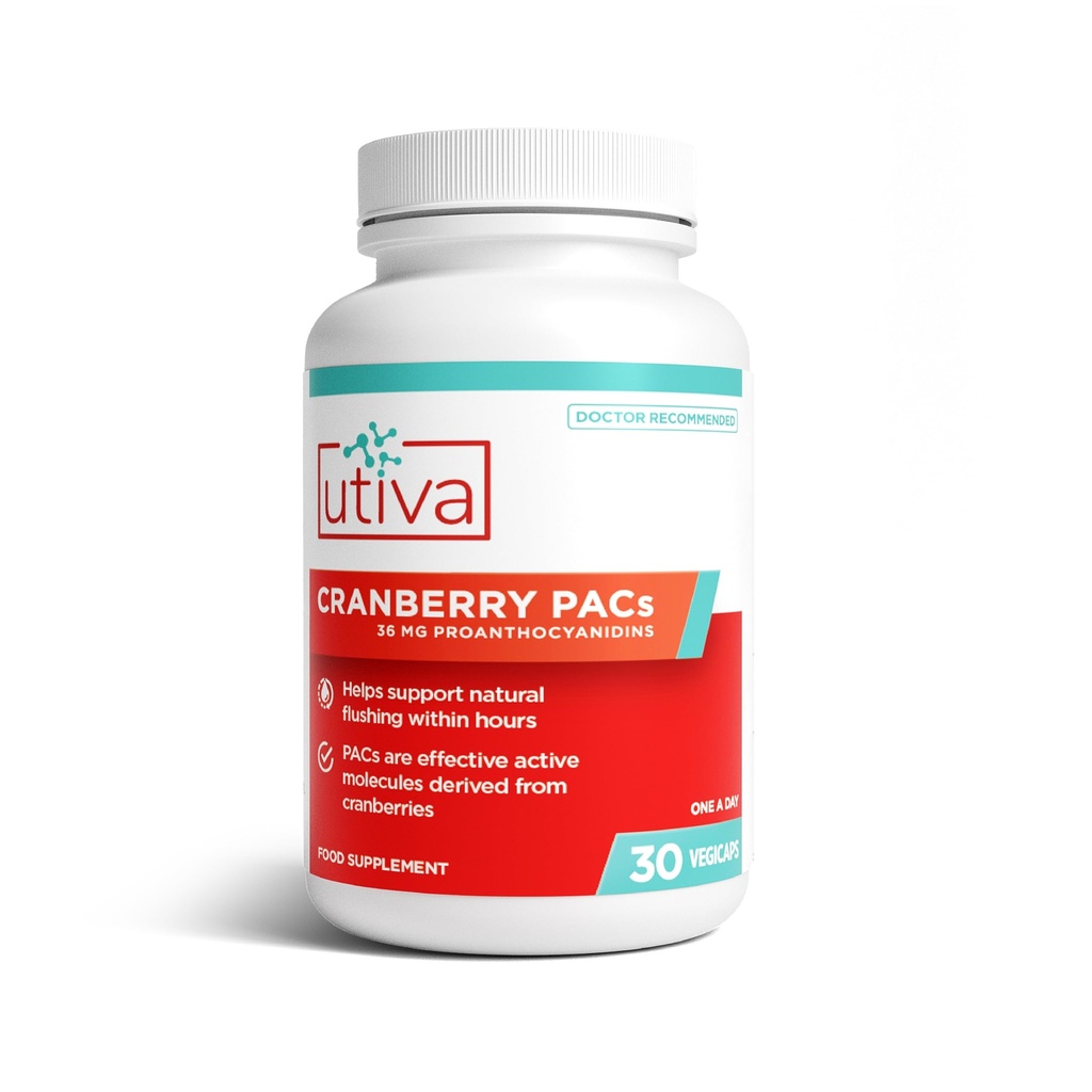 Utiva Cranberry PACs – 临床研究成份 36mg PACs 提取 - 女性UTI预防 - 尿道切除健康 - Cranberry Suppose for Bladder Health, 30 Vegi Capsules