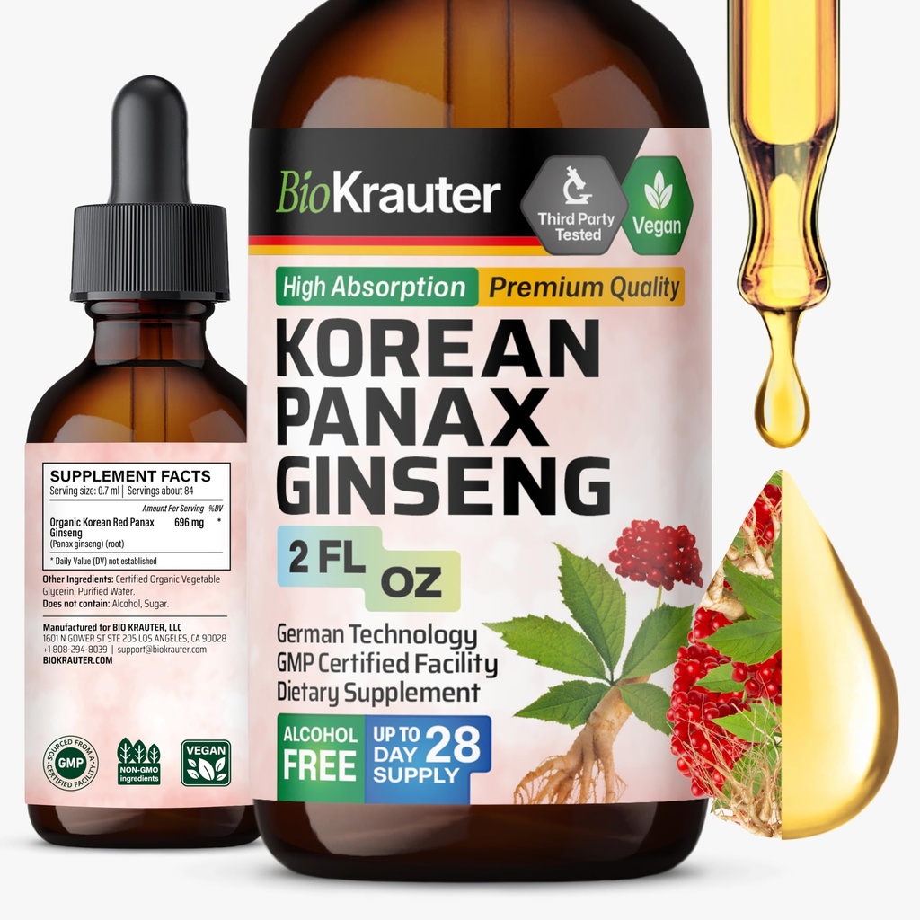 BIO KRAUTER Panax Ginseng 提取液 - 韩国红金生补充无酒精 - 免疫支持 - Vegan,无糖 - 2 Fl.Oz.