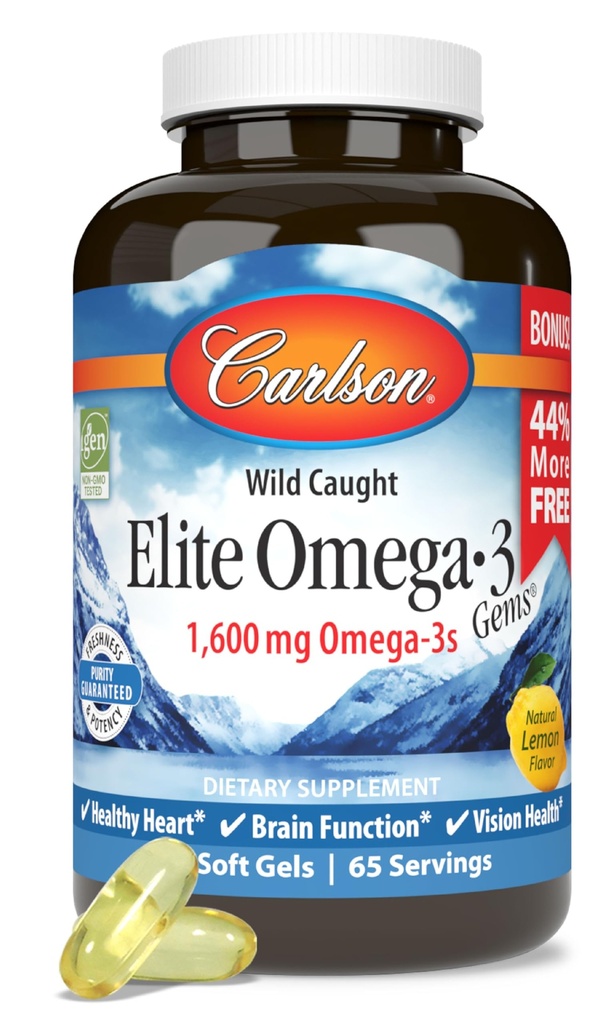 Carlson - Elite Omega-3 Gems, 1600 mg Omega-3 Fatty Acids 包括环保局和DHA,挪威,野生捕捉鱼油补充品,可持续来源Omega 3鱼油盖,柠檬,130软胶
