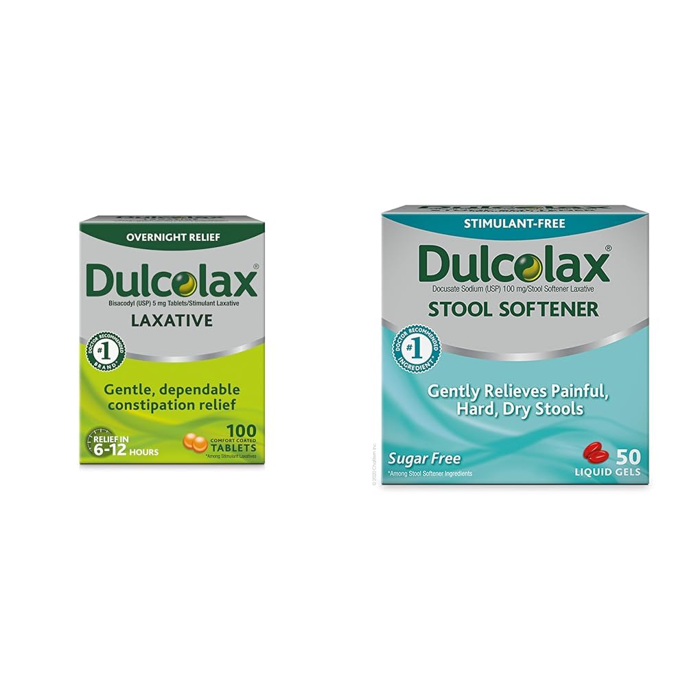 Dulcollax兴奋剂泻药片(100个计数) 晚间温泉补药,Bisacodyl 5mg & Stool 软化剂泻药液 Gel Capsules(50厘米) 温泉补药,消毒溶液100mg